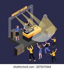 DJ performs in nightclub and crowd dances isometric 3d vector concept for banner, website, illustration, landing page, flyer, etc.