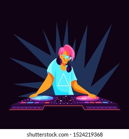 DJ person standing at the audio console. Club music, artistic musician. Isolated flat vector illustration