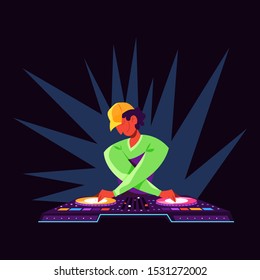 DJ person standing at the audio console. Club music, artistic musician. Isolated flat vector illustration