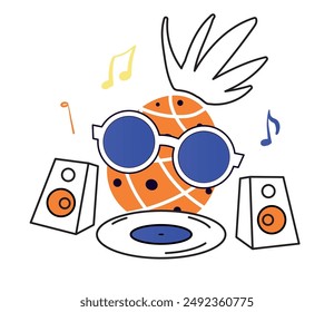 DJ Pineapple, Funny summer character in sunglasses, music speakers, record. Symbol for music party poster, flyer, banner, invitation, sticker, t-shirt design. Vector simple illustration isolated