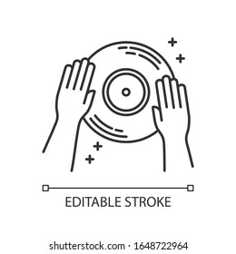 DJ pixel perfect linear icon. Thin line customizable illustration. Night club entertainment, house music, nightclub discotheque contour symbol. Vector isolated outline drawing. Editable stroke