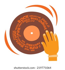 Dj play on a vinyl record, cartoon flat style vector illustration