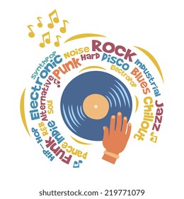 Dj play on a vinyl record, cartoon flat style vector illustration