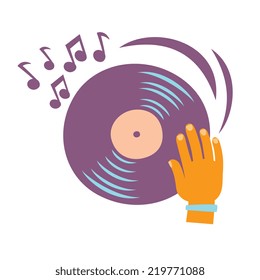 Dj play on a vinyl record, cartoon flat style vector illustration