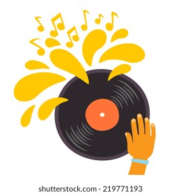 Dj play on a vinyl record, cartoon flat style vector illustration