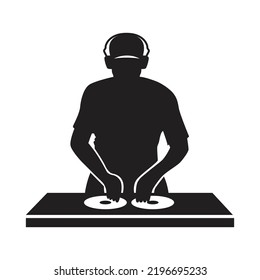 DJ player silhouette in action. EDM artist icon sign or symbol. Disc jockey man in the club. Nightclub scene. Nightlife concept. Vector illustration.