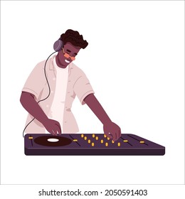 DJ playing electronic music with audio controller. Happy man at console mixer mixing sounds and tacks with turntable. Flat vector illustration isolated on white background.