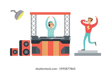 DJ Playing Music and Male Singer Singing with Microphone on Stage Set Cartoon Vector Illustration