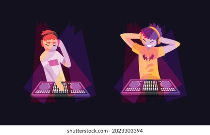 Dj Playing Music at Nightclub Set, Dj Standing at Electronic Turntable Mixing Console Making Progressive Electro Music Cartoon Vector Illustration