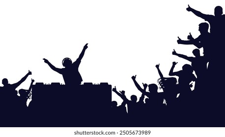 Dj playing music for party people cheering, silhouette. Vector illustration