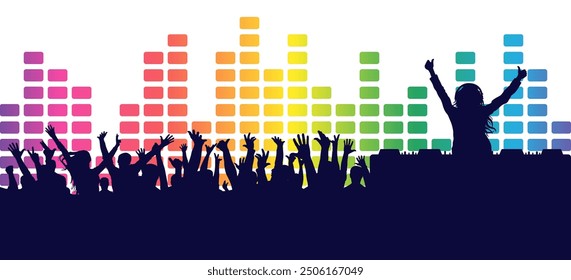 Dj playing music for party people cheering with colorful equalizer background. Vector illustration