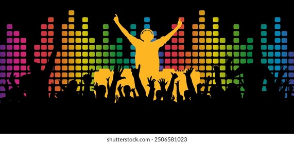 Dj playing music for party people cheering with colorful equalizer background. Vector illustration