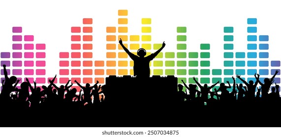 Dj playing music for party people cheering with colorful equalizer background. Vector illustration