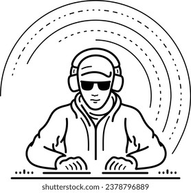 Dj playing music. Vector outline illustration.