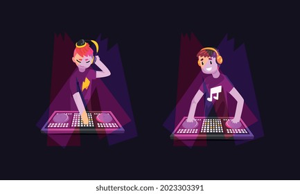 Dj Playing Progressive Electro Music at Nightclub Set, Dj in Headphones Standing at Electronic Turntable Mixing Console Cartoon Vector Illustratio