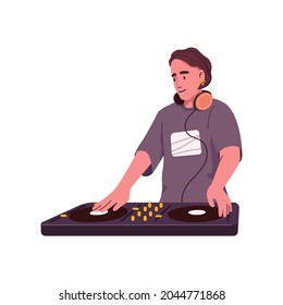 DJ playing recorded music at electronic audio controller. Modern man at console mixer mixing sounds with turntable. Person with sound equipment. Flat vector illustration isolated on white background