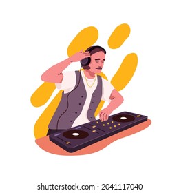 DJ playing records at electronic audio controller. Man enjoying music at console mixer, mixing sounds with turntable. Human with sound equipment. Flat vector illustration isolated on white background