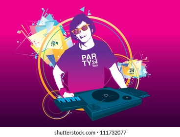 DJ playing turntable and music in the night party