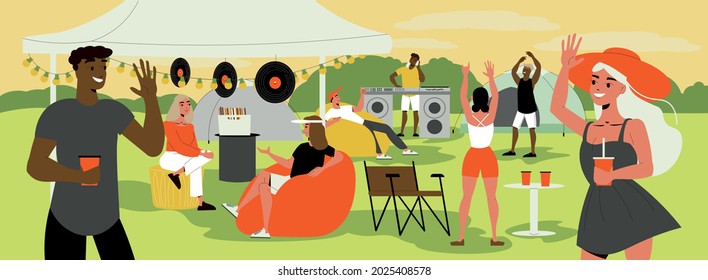 Dj playing vinyl records girls drinking soft drinks at the open air festival flat vector illustration