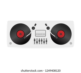 DJ Playing Vinyl. Top View. DJ Interface Workspace Mixer Console Turntables. Vector Stock Illustration.