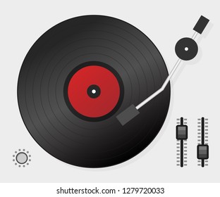 DJ playing vinyl. Top view. DJ Interface workspace mixer console turntables. Vector stock illustration.