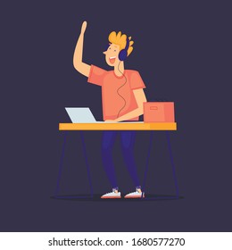 DJ plays music, night club, parties. Flat design vector illustration.