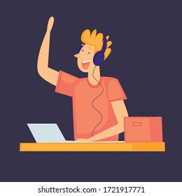 DJ plays music. A party. Flat design vector illustration.