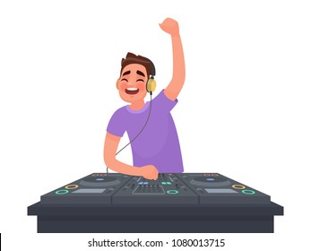 Dj plays music at the turntable on a white background. Vector illustration in cartoon style