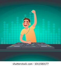 DJ plays music at the turntable. A party in a nightclub. Vector illustration in cartoon style