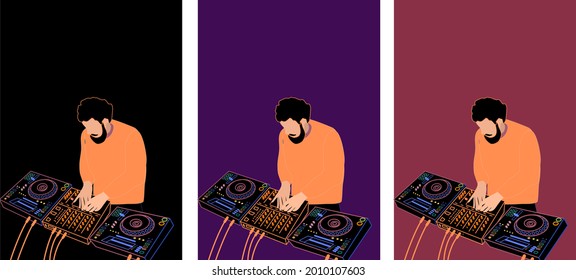 DJ toca música. Ilustración vectorial para banner, afiche, postal. Se establece con diferentes fondos. Equipo para DJ de noche. mezclando reproductores de consola y CDj. Tema del volante del club.