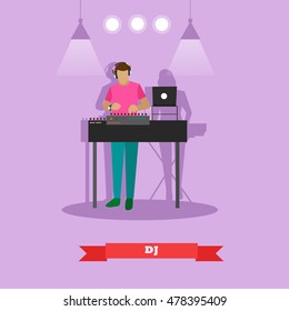 DJ plays on a party. Vector illustration in flat style design.