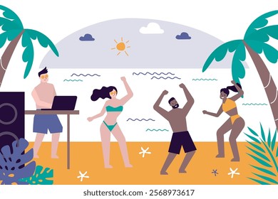 DJ plays trendy music on the beach. Multi ethnic people celebrate and dance in beach club. Party in atmosphere of summer. Friends dancing on exotic beach. Holiday mood, good vibes. vector illustration