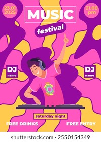 Cartaz do DJ. Convite de festa de boate modelo vetorial exato com ilustração de música ativa de mixagem de DJ