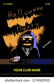 Dj Pumpkin at the Halloween party. Poster. Vector illustration.