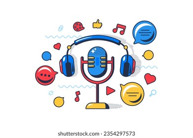 DJ radio host microphone with wireless headphones, likes, comments and popular music. Personal workplace at broadcasting studio. Cartoon outline vector concept isolated on white background