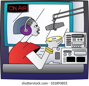 DJ in a radio studio putting on a CD and talking in a microphone