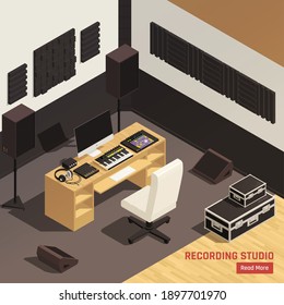 Dj recording studio interior isometric composition with monitors controller mixing desk acoustic treatment headphones equipment vector illustration