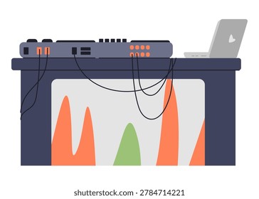 DJ remote control with wires at the desk flat vector illustration isolated on white.