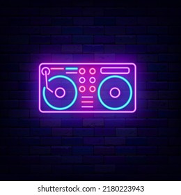 Dj remote neon icon. Music mixer. Shiny club badge. Night party event label. Light signboard. Outer glowing effect logotype. Vector stock illustration