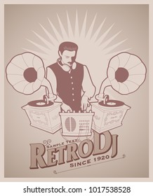 DJ retro style with mustache, vest, bow tie and headphones around the neck. Vintage gramophones and title of old-style lettering.