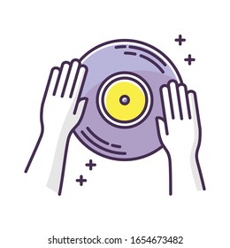 DJ RGB color icon. Night club entertainment, house music, nightclub discotheque. Professional disc jockey occupation. Turntable with vinyl record, mixing plate isolated vector illustration