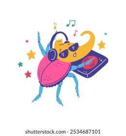 El DJ es un escarabajo rinoceronte. Una Ilustración vectorial de dibujos animados que representa un insecto feliz con cuernos simboliza el lado divertido de la vida silvestre sobre un fondo blanco.