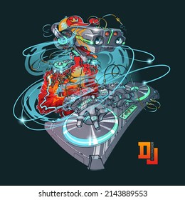 DJ robot at the console. Electronic club music