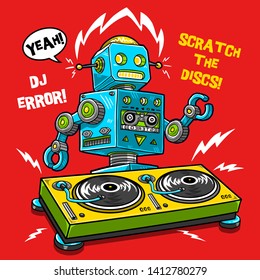 dj robot playing turntable funny vector illustration nerd tee shirt graphic textile print design