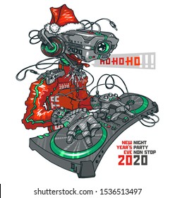 DJ robot Santa 2020 and party concept. Sound event. Separate text layer