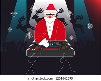 Dj Santa With EDM Mixing And Producing Machine Instrument Under Colorful Club Light In Night Club For Christmas Time