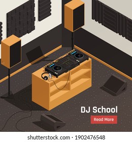 DJ school studio interior isometric composition with record cabinet turntables headphones mixer amplifiers acoustic equipment vector illustration