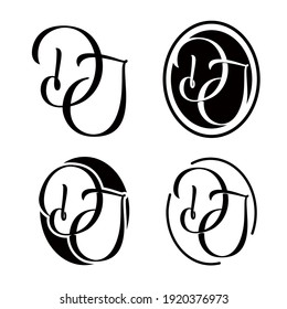 DJ - set with 4 similar monogram in ellipse shape. Black and white colors. Vector. Isolated on white background.