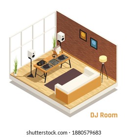 DJ set in living room isometric interior view with speakers vinyl records players turntables audio mixer vector illustration