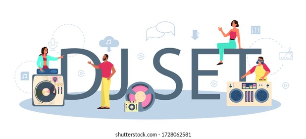 DJ set typographic header concept. Person standing at turntable mixer make music in club. Club music composer with headphones. Isolated flat vector illustration
